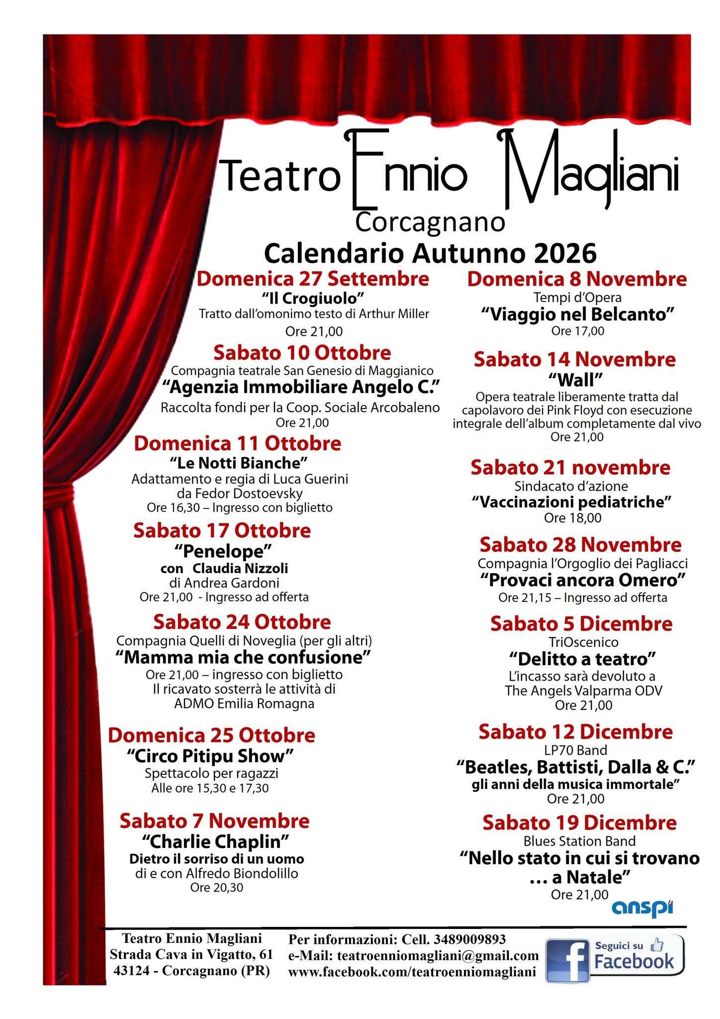 Teatro Magliani - programma e date autunno 2026
